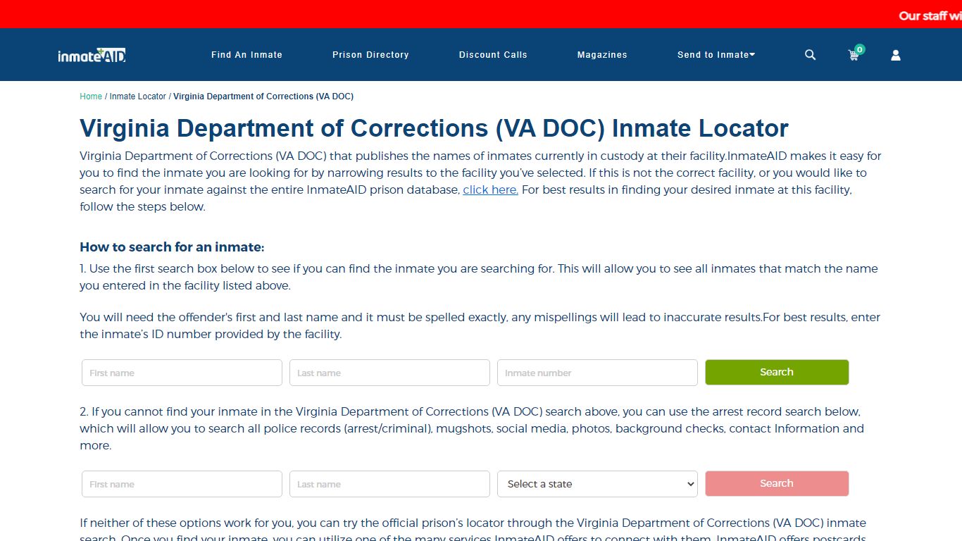Virginia Department of Corrections (VA DOC) Inmate Locator