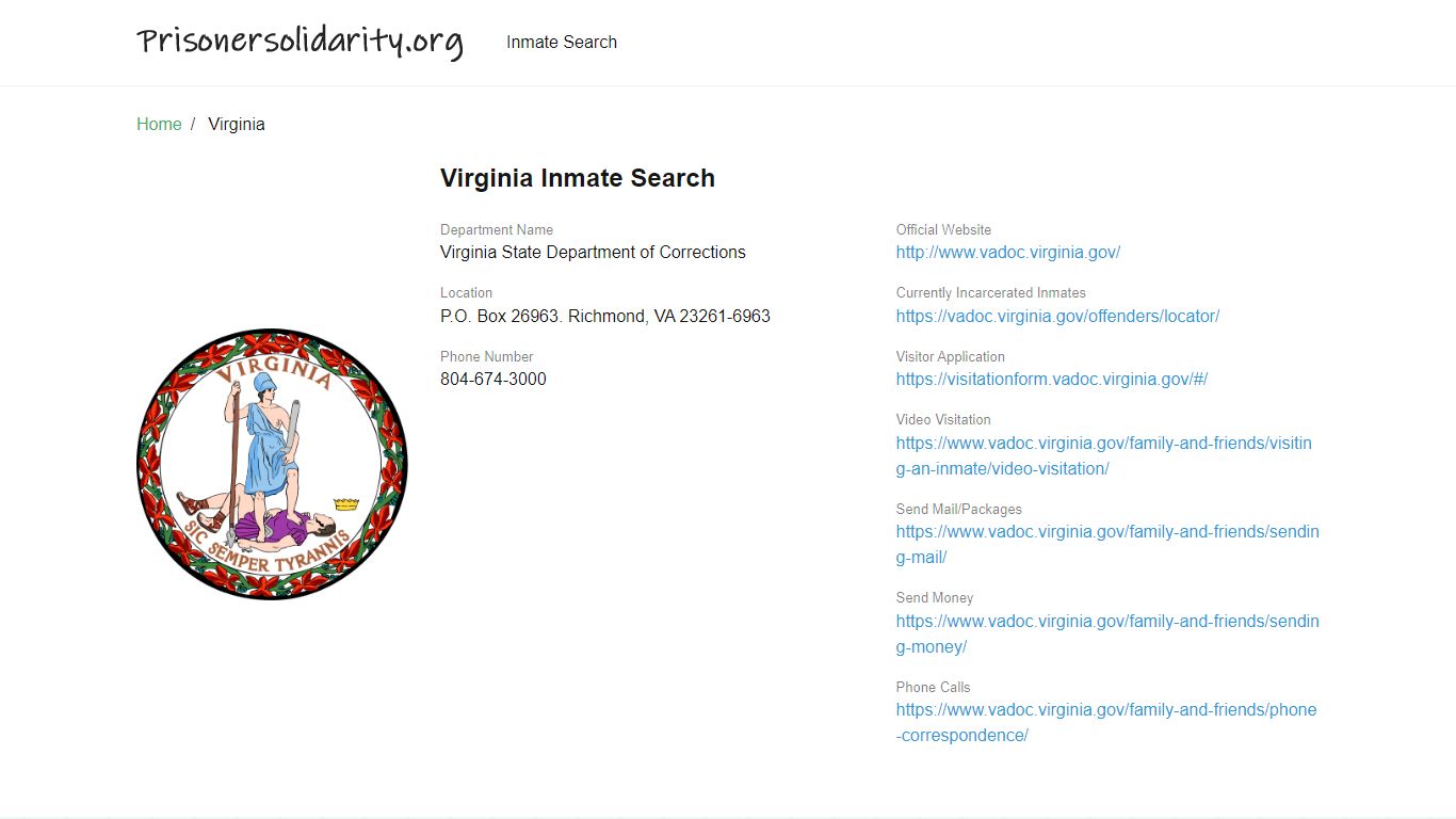 Virginia Inmate Search – Virginia State Department of ...